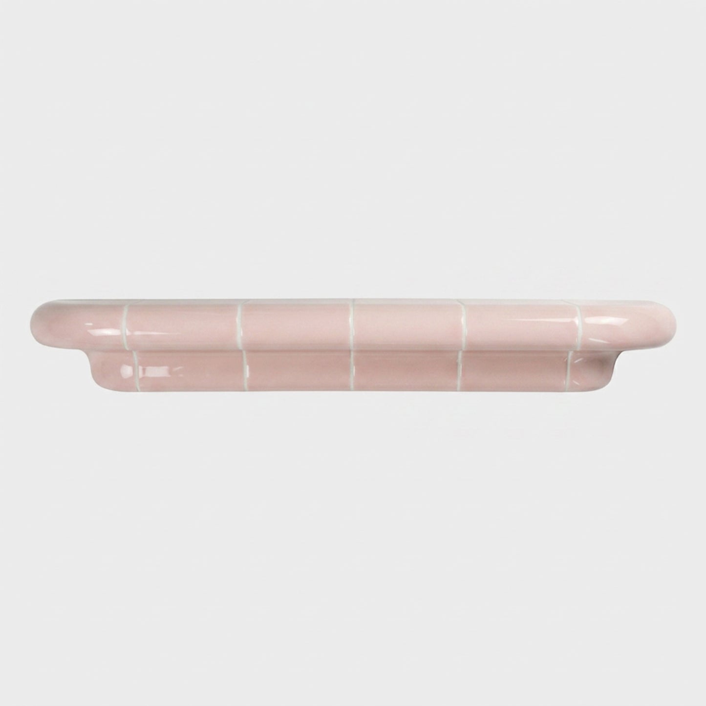 Orbi XL floating shelf in glossy Blush Pink, statement handcrafted wall shelf with sculptural geometry.