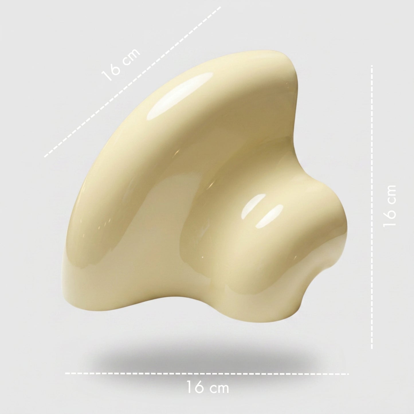 Orbi Corner Module in glossy Soft Butter, ceramic-inspired modular shelf element with dimensions of 16 × 16 × 16 cm.