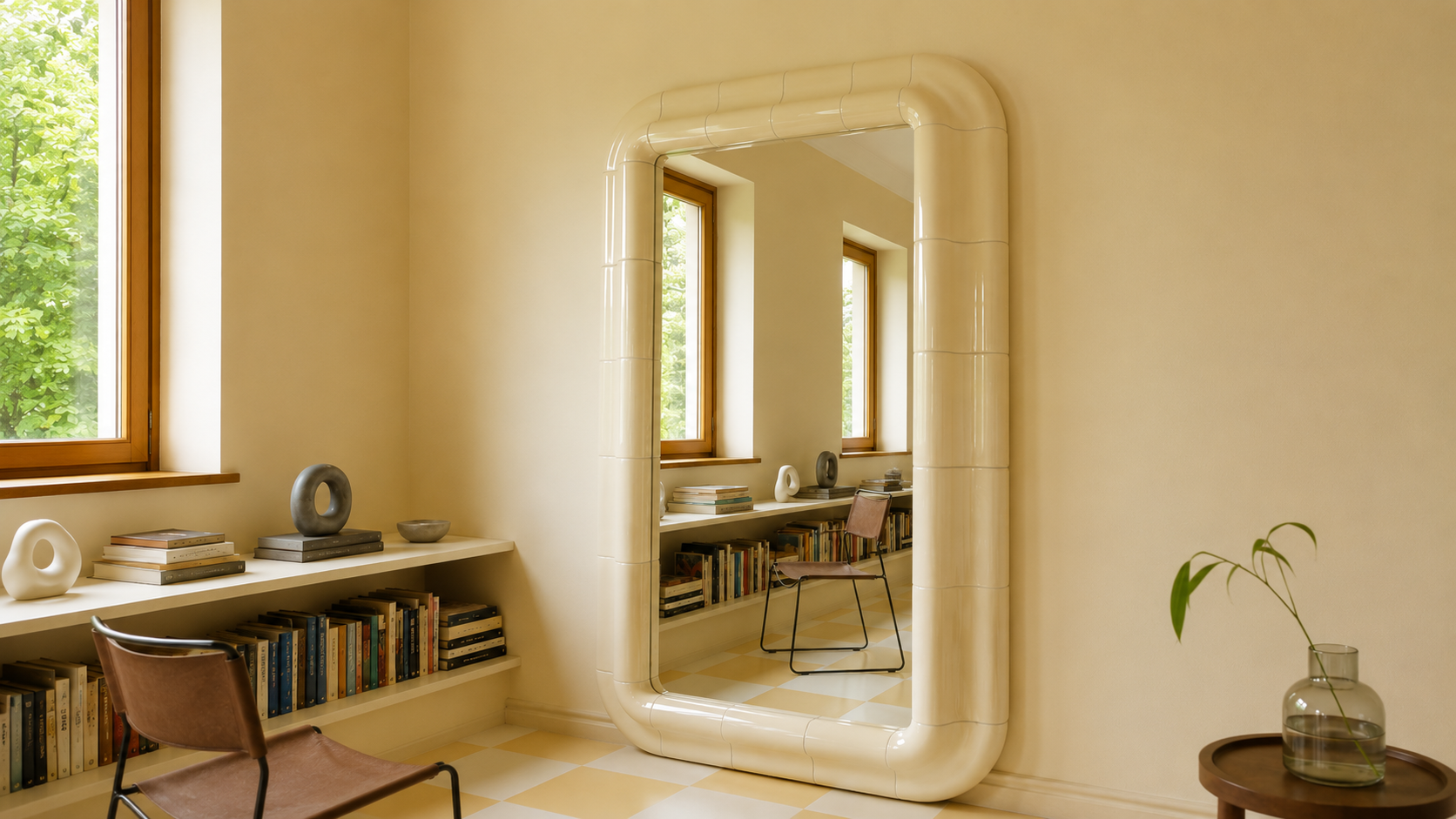 Custom Tilecito mirror installed in a warm minimalist interior.
