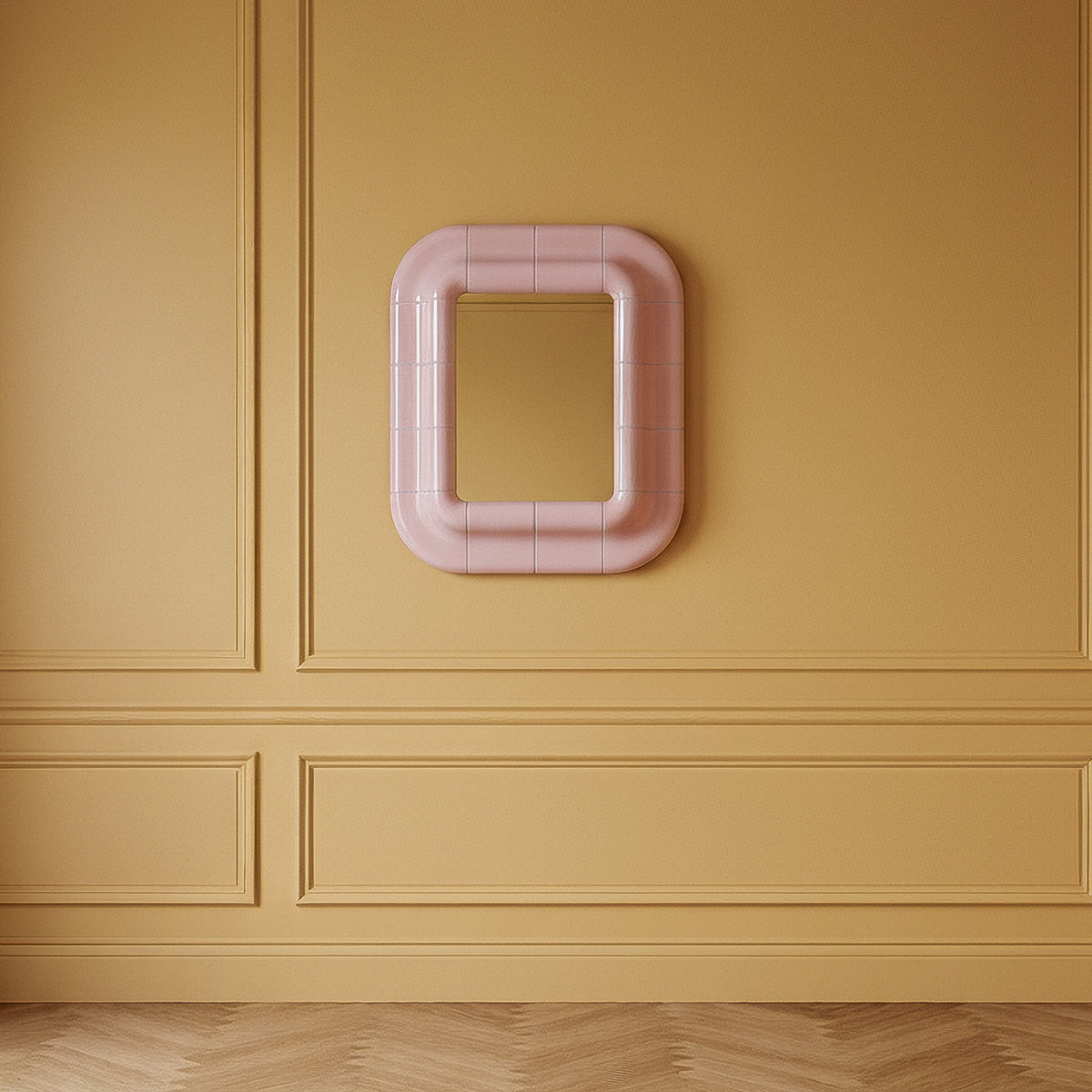 Lolita rounded wall mirror in Blush Pink high-gloss lacquer on an ochre paneled wall above a herringbone floor