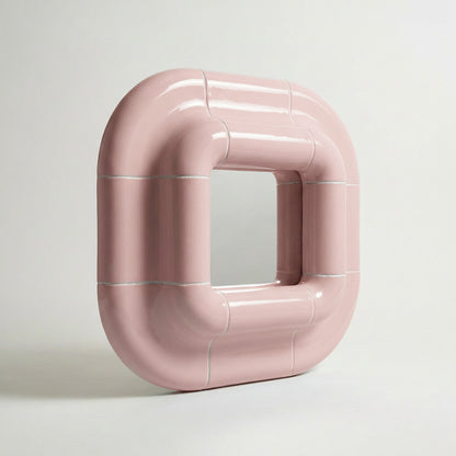 Lolo mirror in Blush Pink by Tilecito, sculptural square wall mirror with rounded tubular frame and glossy tile-inspired finish, 13.5 cm depth, three-quarter view