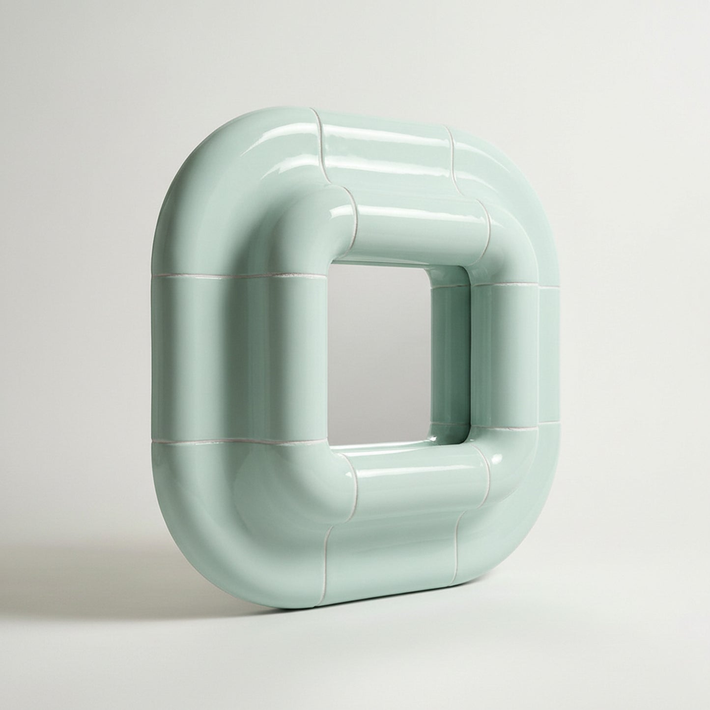 Side view of Lolo mirror in Pastel Mint by Tilecito, showing 13.5 cm depth and thick rounded frame with high-gloss finish