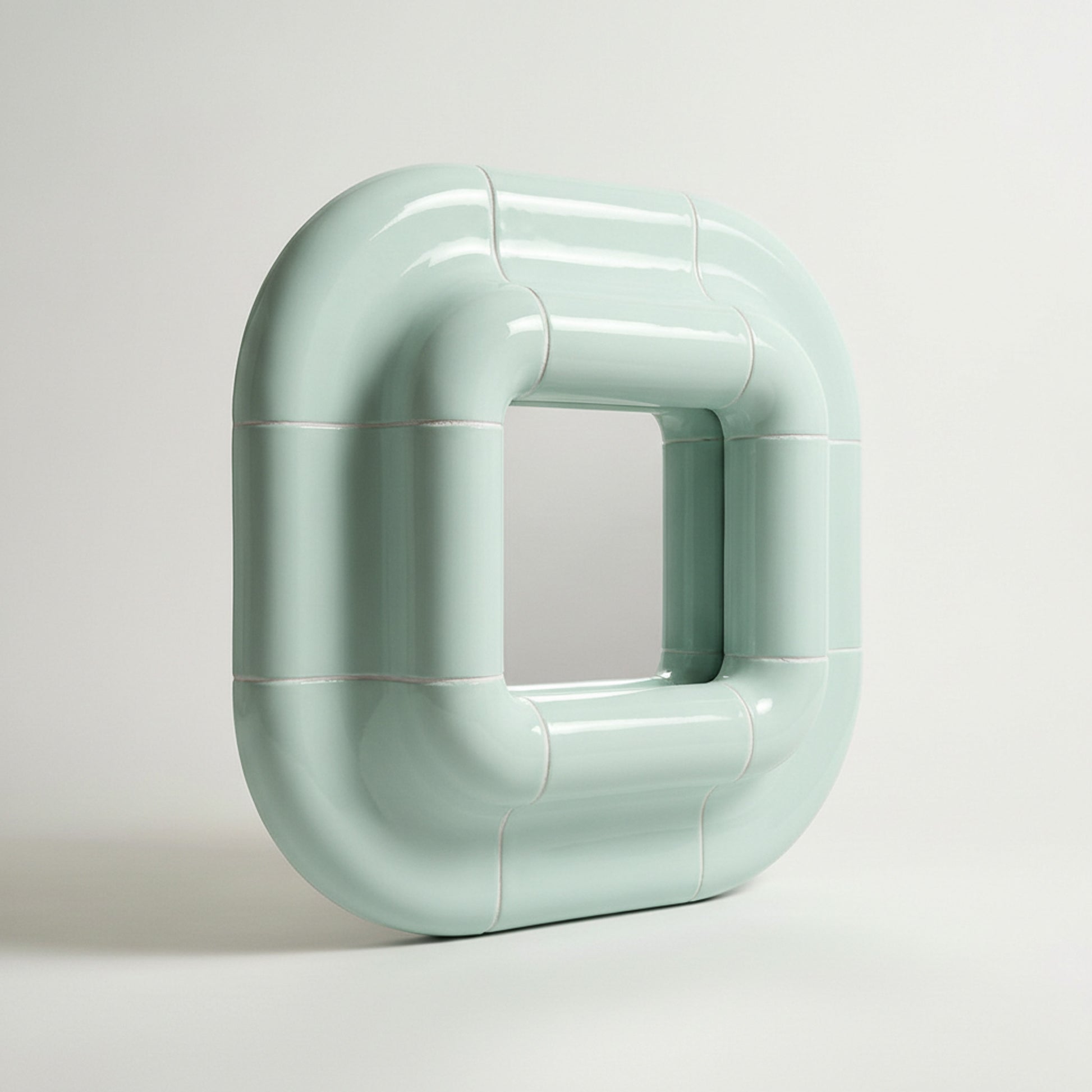 Side view of Lolo mirror in Pastel Mint by Tilecito, showing 13.5 cm depth and thick rounded frame with high-gloss finish
