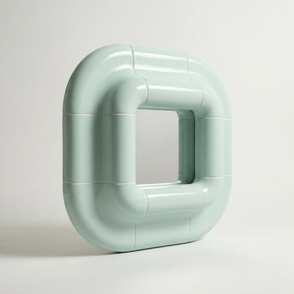 Side view of Lolo mirror in Pastel Mint by Tilecito, showing 13.5 cm depth and thick rounded frame with high-gloss finish