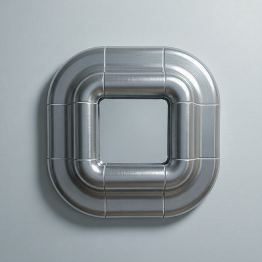 Lolo mirror in Steel finish, front view: square mirror framed by rounded, cushioned metallic rings on a light grey wall