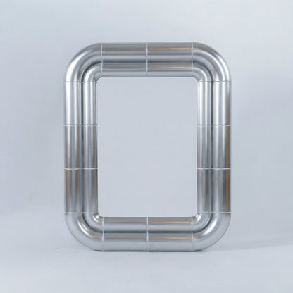 Portalito mirror in Steel finish, front view: rectangular mirror framed by a double tubular metallic structure on a light grey background