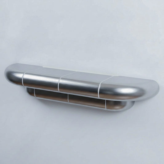 Orbi modular wall shelf in Steelcito silver chrome finish, three-quarter view on a light grey wall
